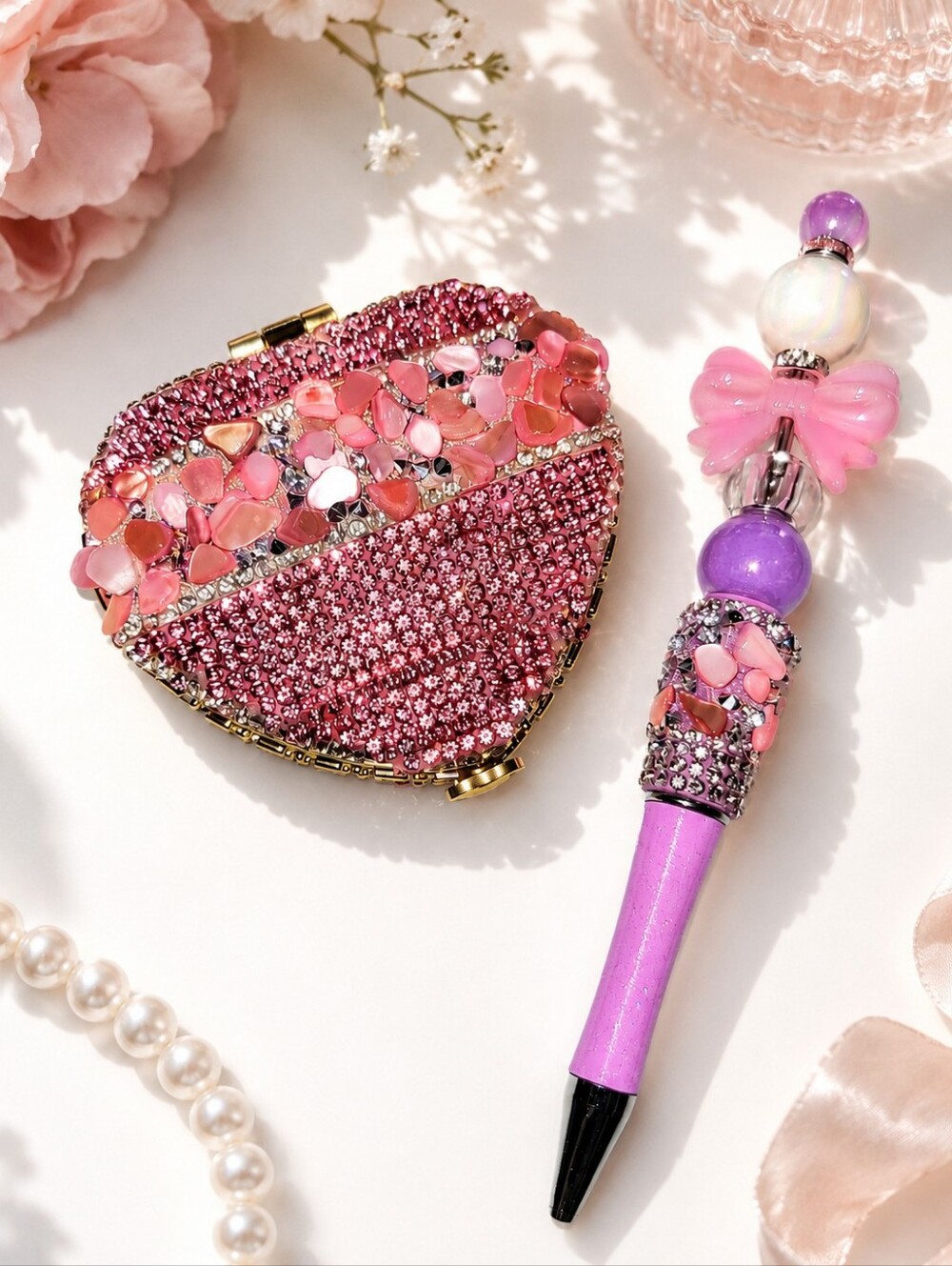 Handcrafted Pink Rhinestone Heart Compact Mirror & Beaded Pen Gift Set